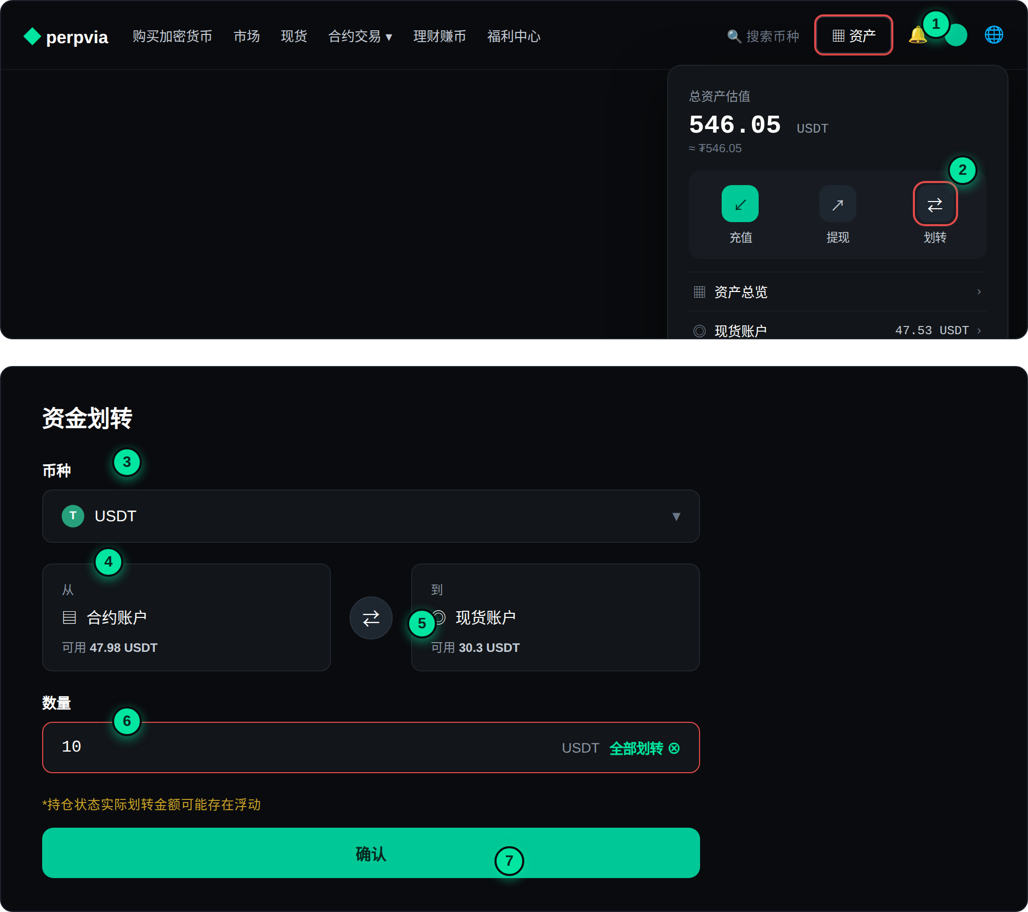 Web端资产划转操作界面
